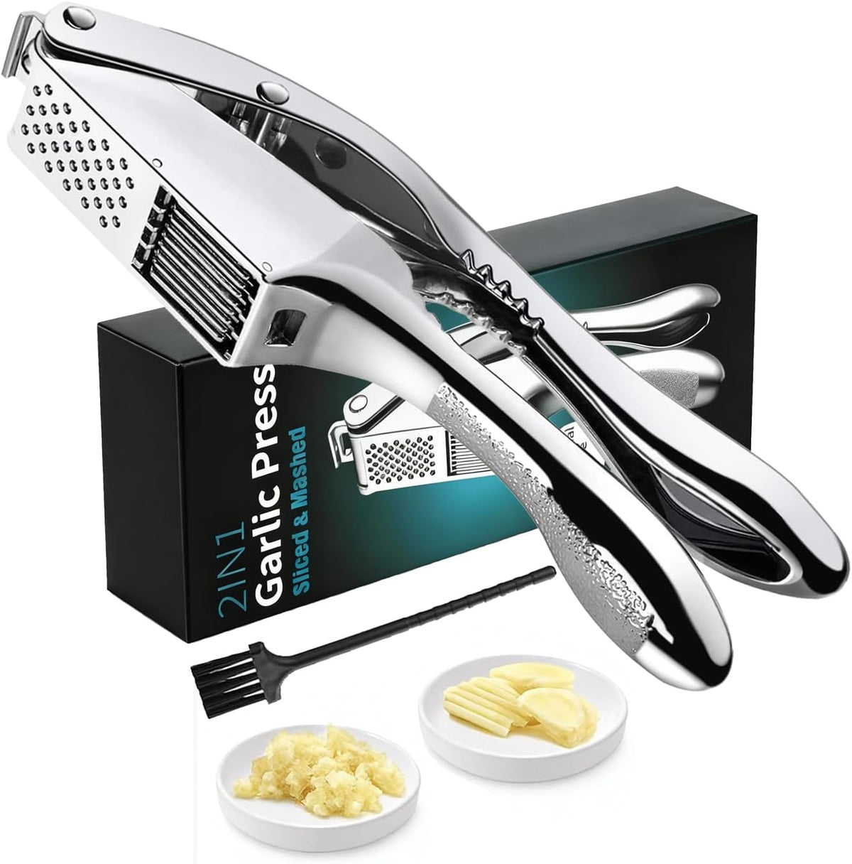 Garlic Press and Slicer 2 in 1, Rust Proof & Dishwasher Safe Professional Garlic Mincer Tool, Effortlessly Crush and Mince Garlic with this Ergonomic Handle-Garlic Slicer & Brush (Silver)