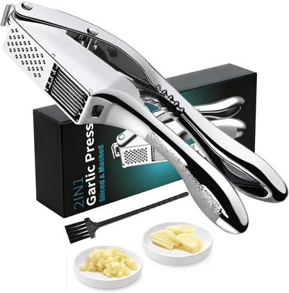 Garlic Press and Slicer 2 in 1, Rust Proof & Dishwasher Safe Professional Garlic Mincer Tool, Effortlessly Crush and Mince Garlic with this Ergonomic Handle-Garlic Slicer & Brush (Silver)