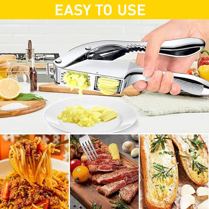 Garlic Press and Slicer 2 in 1, Rust Proof & Dishwasher Safe Professional Garlic Mincer Tool, Effortlessly Crush and Mince Garlic with this Ergonomic Handle-Garlic Slicer & Brush (Silver)