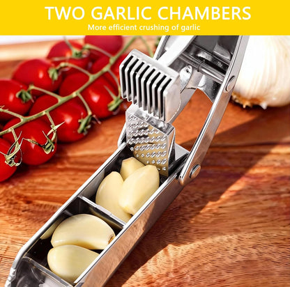 Garlic Press and Slicer 2 in 1, Rust Proof & Dishwasher Safe Professional Garlic Mincer Tool, Effortlessly Crush and Mince Garlic with this Ergonomic Handle-Garlic Slicer & Brush (Silver)