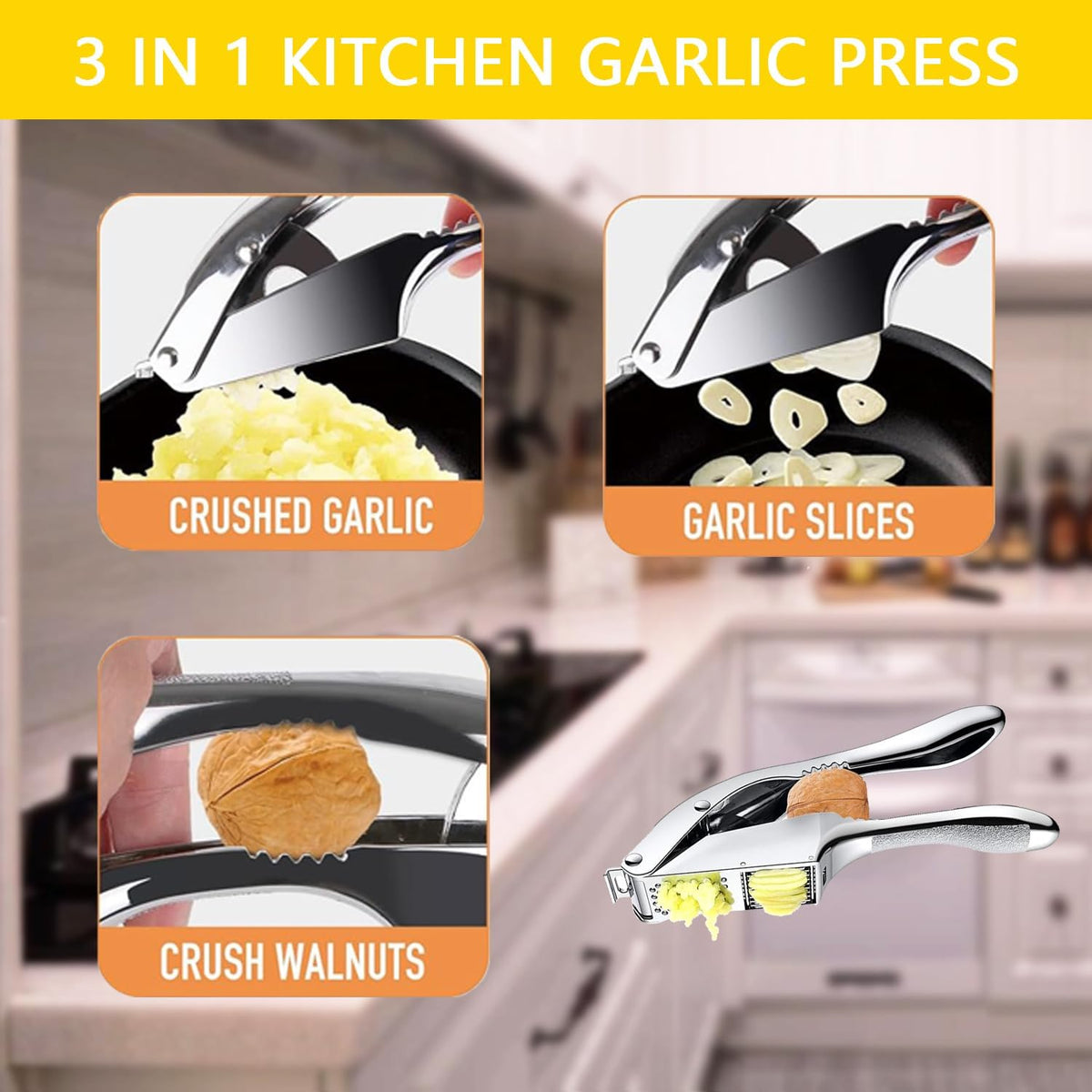 Garlic Press and Slicer 2 in 1, Rust Proof & Dishwasher Safe Professional Garlic Mincer Tool, Effortlessly Crush and Mince Garlic with this Ergonomic Handle-Garlic Slicer & Brush (Silver)