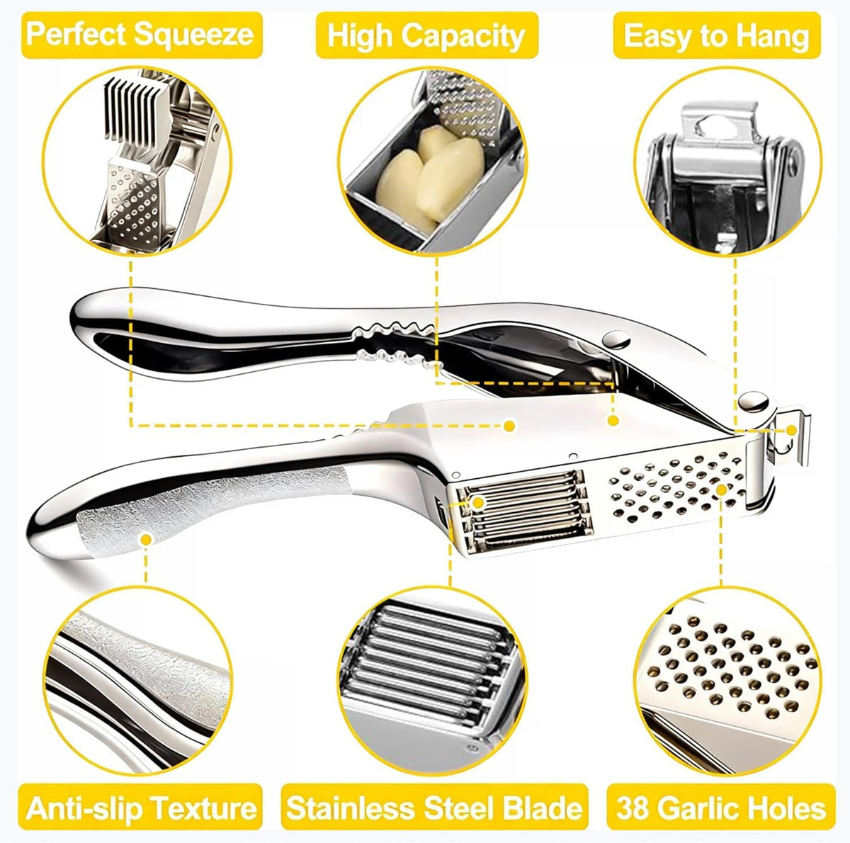 Garlic Press and Slicer 2 in 1, Rust Proof & Dishwasher Safe Professional Garlic Mincer Tool, Effortlessly Crush and Mince Garlic with this Ergonomic Handle-Garlic Slicer & Brush (Silver)