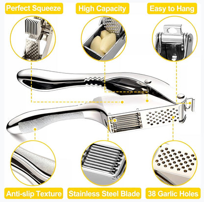 Garlic Press and Slicer 2 in 1, Rust Proof & Dishwasher Safe Professional Garlic Mincer Tool, Effortlessly Crush and Mince Garlic with this Ergonomic Handle-Garlic Slicer & Brush (Silver)