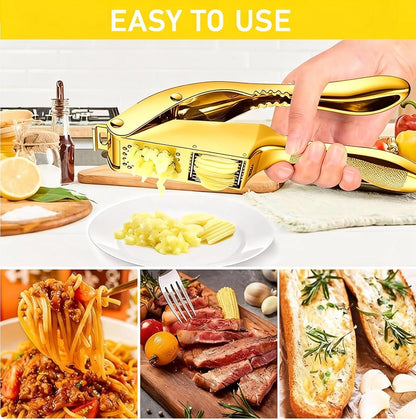 Garlic Press and Slicer 2 in 1, Rust Proof & Dishwasher Safe Professional Garlic Mincer Tool, Effortlessly Crush and Mince Garlic with this Ergonomic Handle-Garlic Slicer & Brush (Silver)