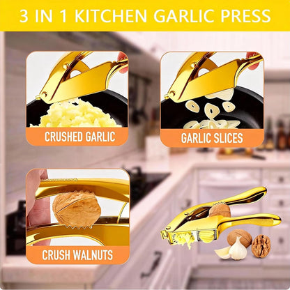 Garlic Press and Slicer 2 in 1, Rust Proof & Dishwasher Safe Professional Garlic Mincer Tool, Effortlessly Crush and Mince Garlic with this Ergonomic Handle-Garlic Slicer & Brush (Silver)
