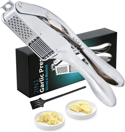 Garlic Press and Slicer 2 in 1, Rust Proof & Dishwasher Safe Professional Garlic Mincer Tool, Effortlessly Crush and Mince Garlic with this Ergonomic Handle-Garlic Slicer & Brush (Silver)