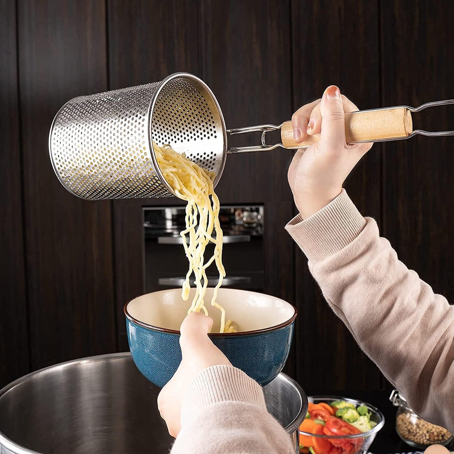 Pasta Strainer, 2 Pack Stainless Steel Mesh Spider Strainer for Pasta, Noodle, Dumpling (4.54"D x 6.1"H)