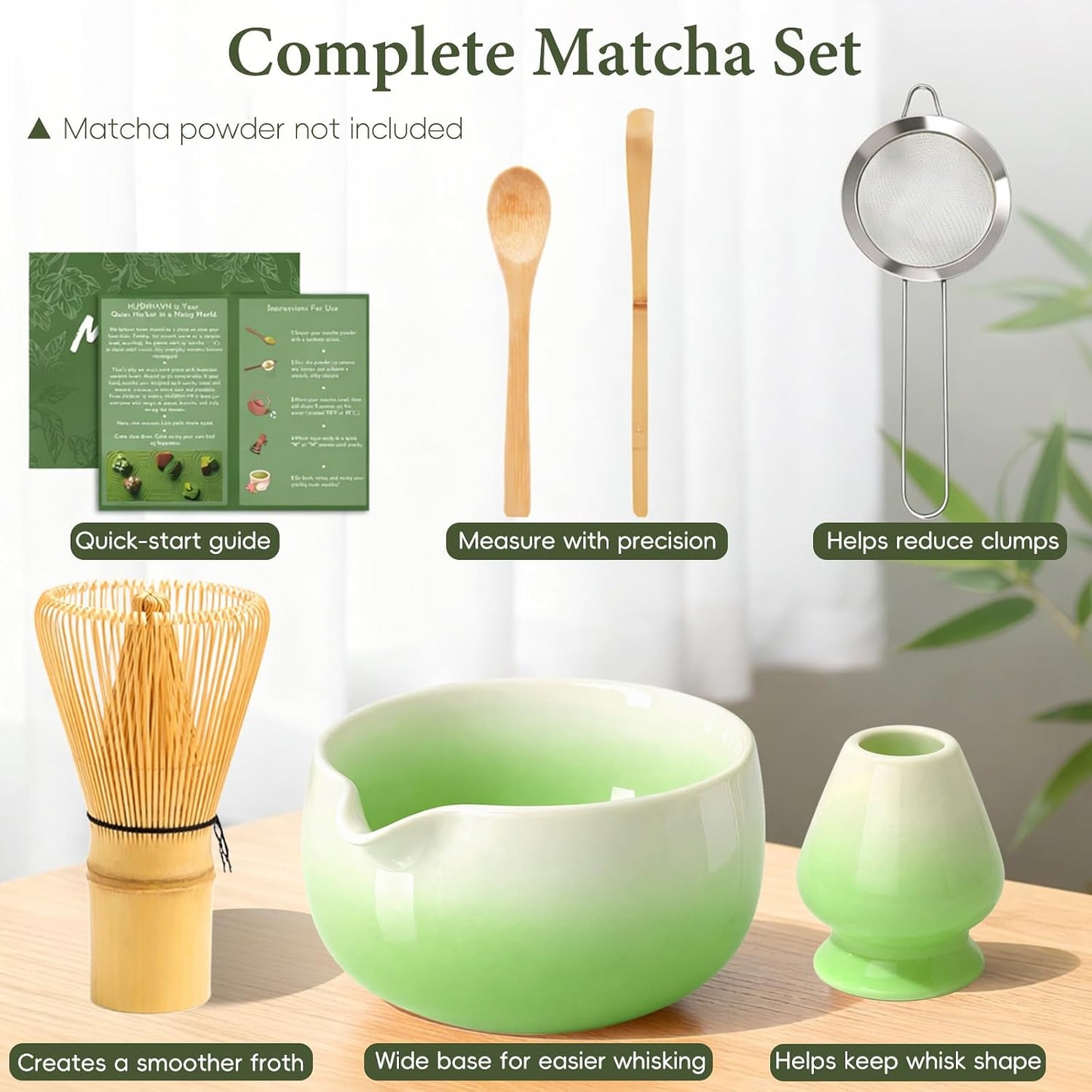 Matcha Whisk Set, Ceramic Matcha Set Includes Bowl & Holder, Bamboo Whisk (Chasen), Scoop, Spoon and Sifter, 6Pcs Matcha Kit Covers Everything Needed for Making Matcha (Blue)