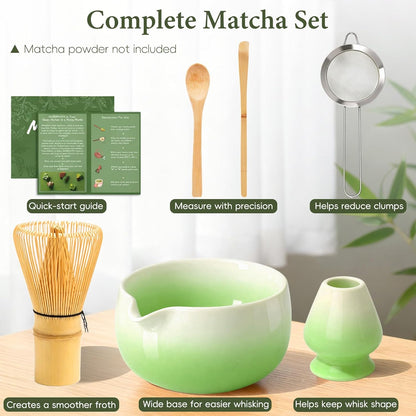 Matcha Whisk Set, Ceramic Matcha Set Includes Bowl & Holder, Bamboo Whisk (Chasen), Scoop, Spoon and Sifter, 6Pcs Matcha Kit Covers Everything Needed for Making Matcha (Blue)