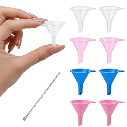 Mini Funnels 8-Pack with Spoon | Small Funnel Set for Filling Tiny Bottles, Essential Oils, Powder, Spices, Glitter | Food-Grade Plastic, Multicolor (Pink, Blue, Clear) for Crafts & Perfume