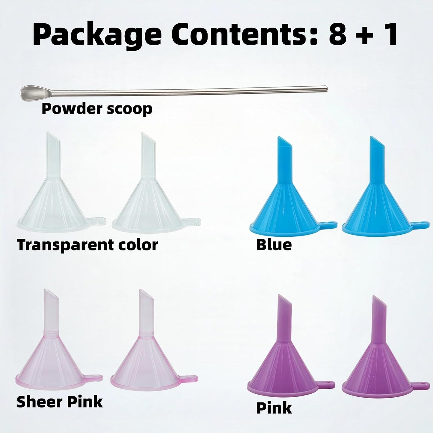 Mini Funnels 8-Pack with Spoon | Small Funnel Set for Filling Tiny Bottles, Essential Oils, Powder, Spices, Glitter | Food-Grade Plastic, Multicolor (Pink, Blue, Clear) for Crafts & Perfume
