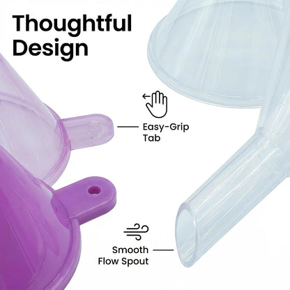 Mini Funnels 8-Pack with Spoon | Small Funnel Set for Filling Tiny Bottles, Essential Oils, Powder, Spices, Glitter | Food-Grade Plastic, Multicolor (Pink, Blue, Clear) for Crafts & Perfume
