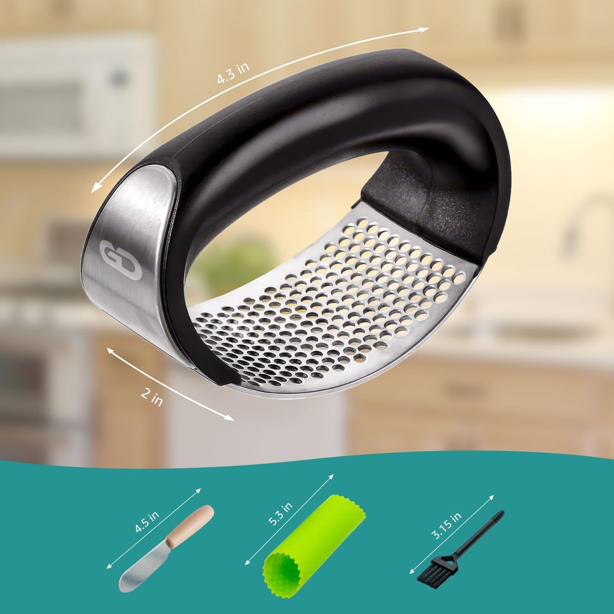 Garlic Press Rocker – Stainless Steel Garlic Mincer, Crusher & Chopper Tool with Peeler, Spatula & Brush – Easy-Press Garlic Press for Mincing Cloves, Ginger & Nuts, Comfortable Ergonomic Handle