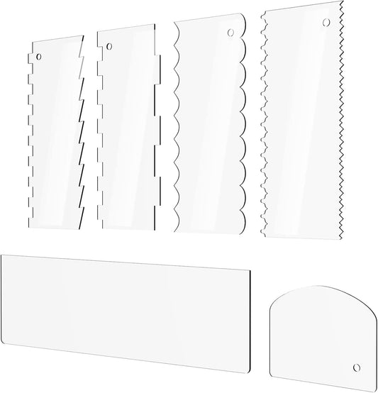 Cake Scraper 6 Pieces Clear Acrylic Icing Smoother Decorating Comb Scrapers Set, Pastry Cutter for Mousse Butter Cream Decoration, 11 Patterns Different Stripes for Cakes Edges, Kitchen Baking Tool