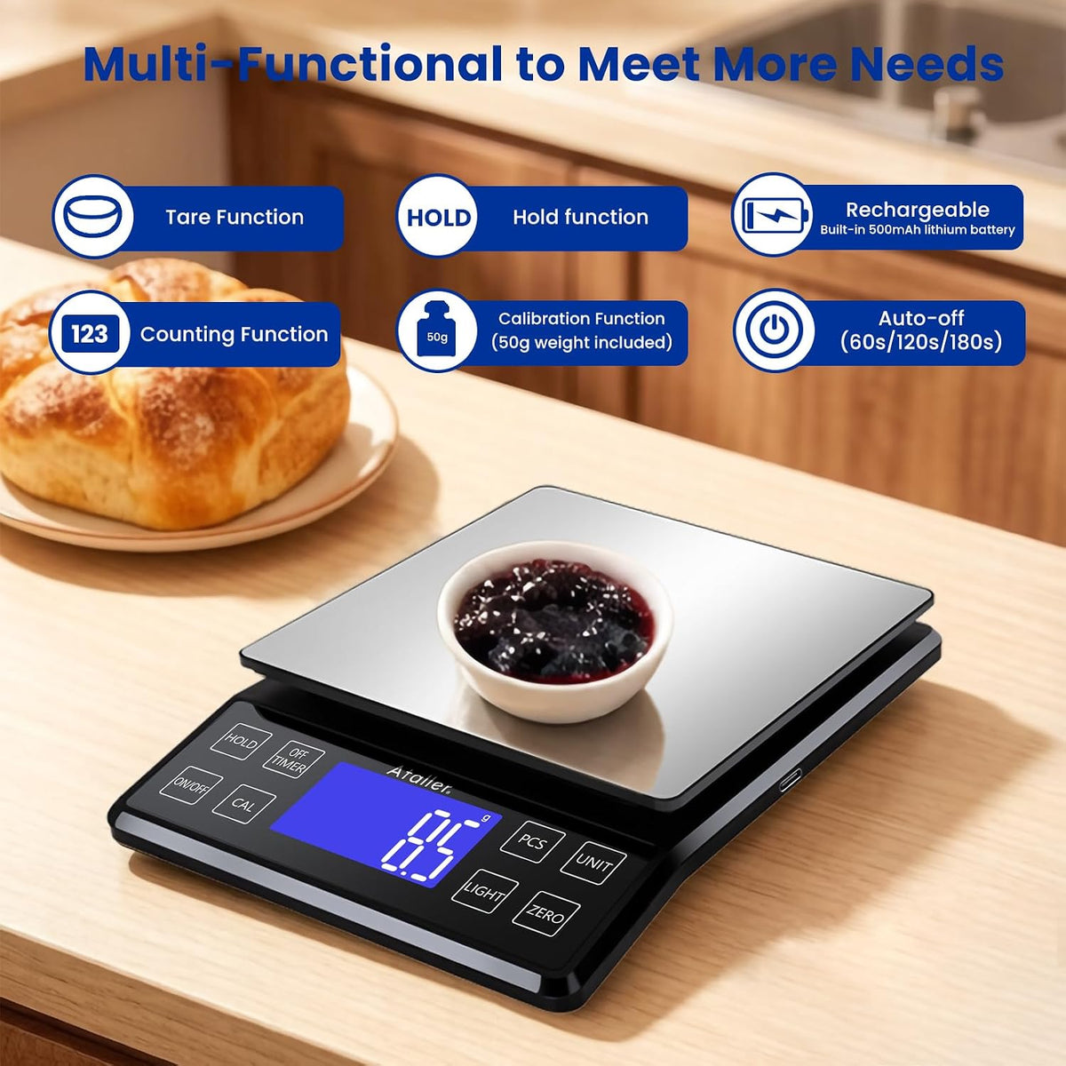 Rechargeable Digital Kitchen Scale, 0.1g Resolution Max 5kg 11Ibs