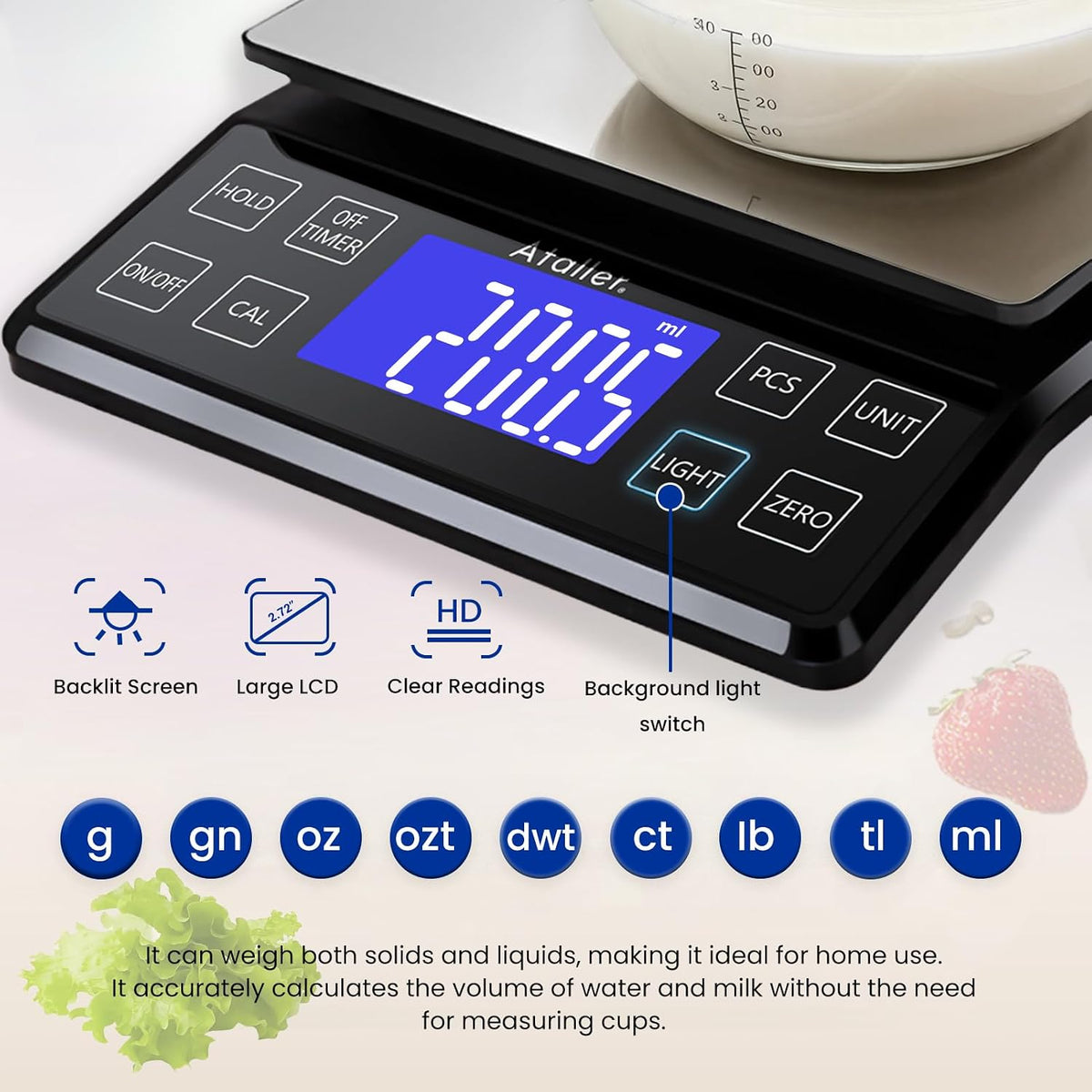 Rechargeable Digital Kitchen Scale, 0.1g Resolution Max 5kg 11Ibs