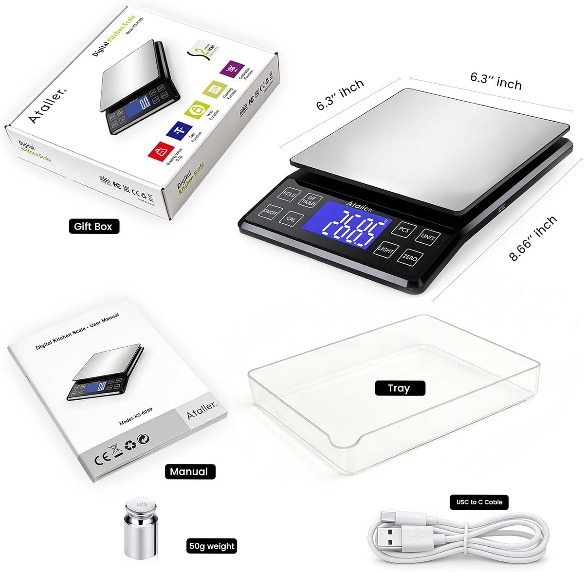 Rechargeable Digital Kitchen Scale, 0.1g Resolution Max 5kg 11Ibs