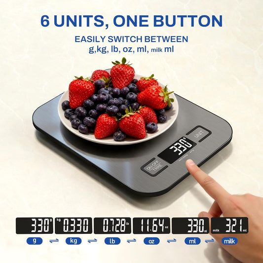 Digital Kitchen Scale, 11 lb/5 kg Food Scale with 1 g Precision, 6 Units, Tare Function and Backlit LCD, Compact Stainless Steel Scale for Baking, Cooking and Meal Prep, 2 AAA Batteries Included