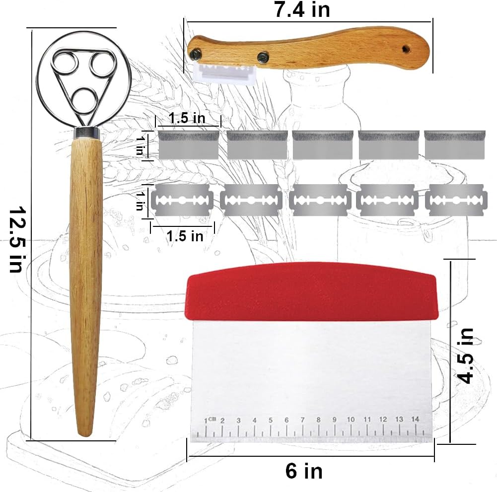 Bread Making Tool Set,Dough Scraper and Bread Scoring Tool for Making Beautiful Bread Tools-Dough Whisk,Dough Scrapers, Bread Lame with 10 Blades Included Replacement (Red)