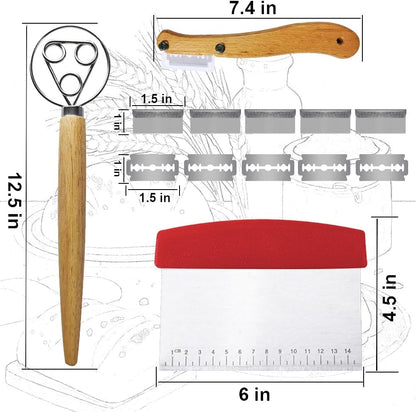 Bread Making Tool Set,Dough Scraper and Bread Scoring Tool for Making Beautiful Bread Tools-Dough Whisk,Dough Scrapers, Bread Lame with 10 Blades Included Replacement (Red)