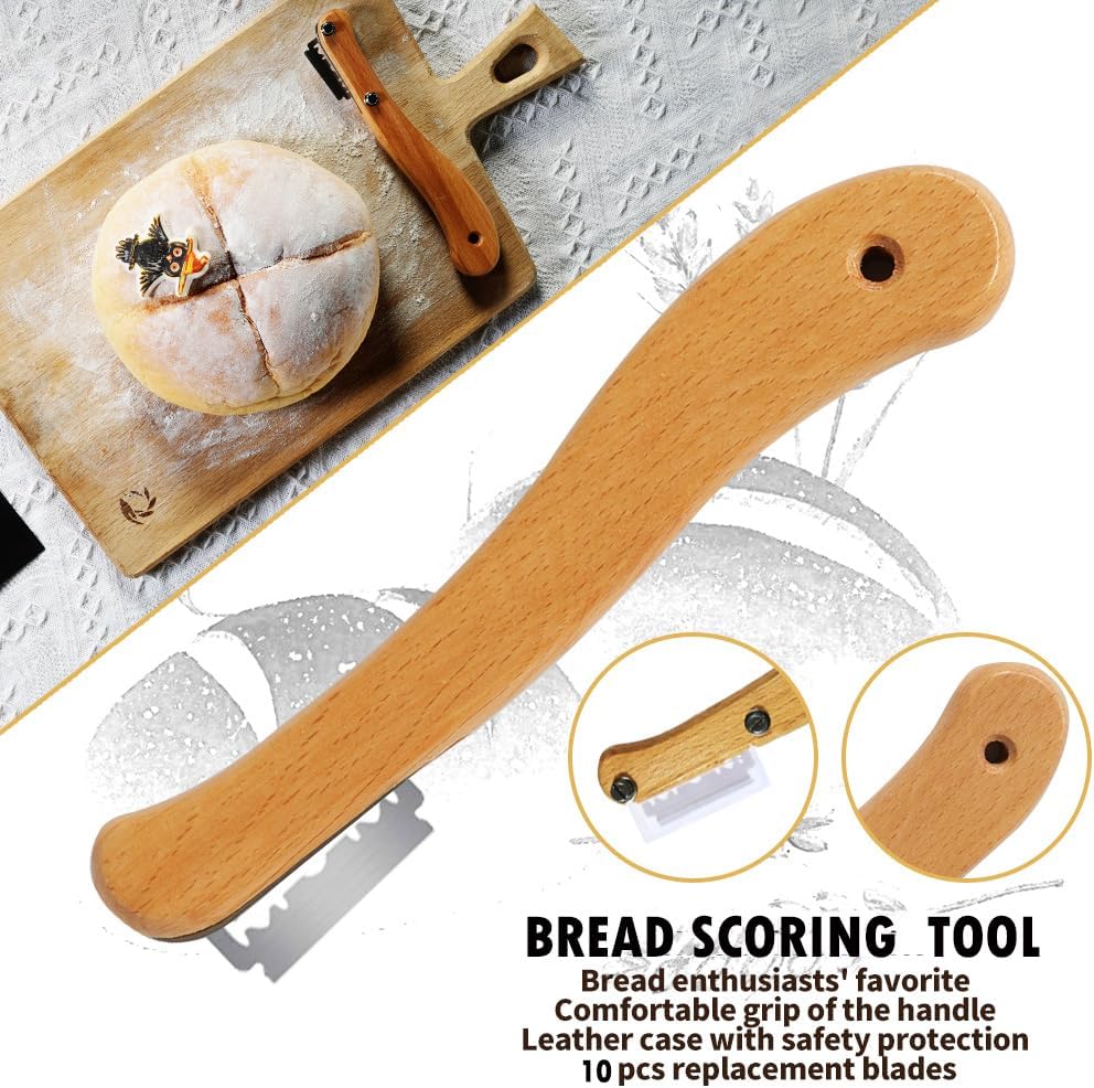 Bread Making Tool Set,Dough Scraper and Bread Scoring Tool for Making Beautiful Bread Tools-Dough Whisk,Dough Scrapers, Bread Lame with 10 Blades Included Replacement (Red)