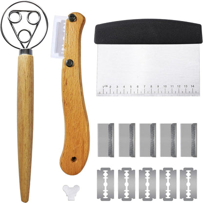 Bread Making Tool Set,Dough Scraper and Bread Scoring Tool for Making Beautiful Bread Tools-Dough Whisk,Dough Scrapers, Bread Lame with 10 Blades Included Replacement (Red)