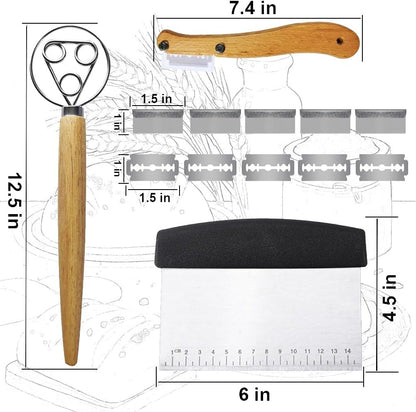 Bread Making Tool Set,Dough Scraper and Bread Scoring Tool for Making Beautiful Bread Tools-Dough Whisk,Dough Scrapers, Bread Lame with 10 Blades Included Replacement (Red)