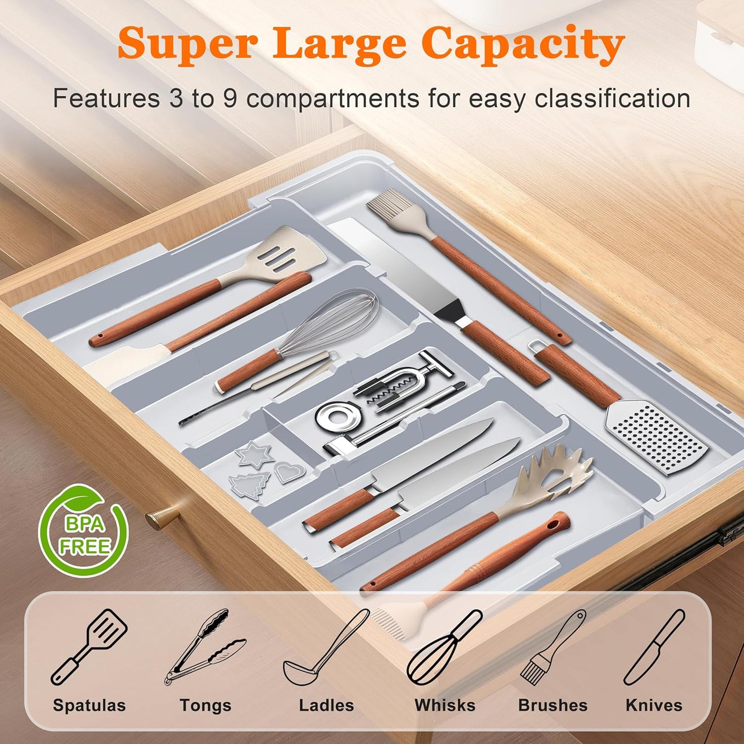 Large Utensil Drawer Organizer Expandable Silverware Organizer for Kitchen Drawer Adjustable Cooking Utensil Holder Cutlery Flatware Tray Spatula Tools Gadgets Storage Dividers Plastic Black