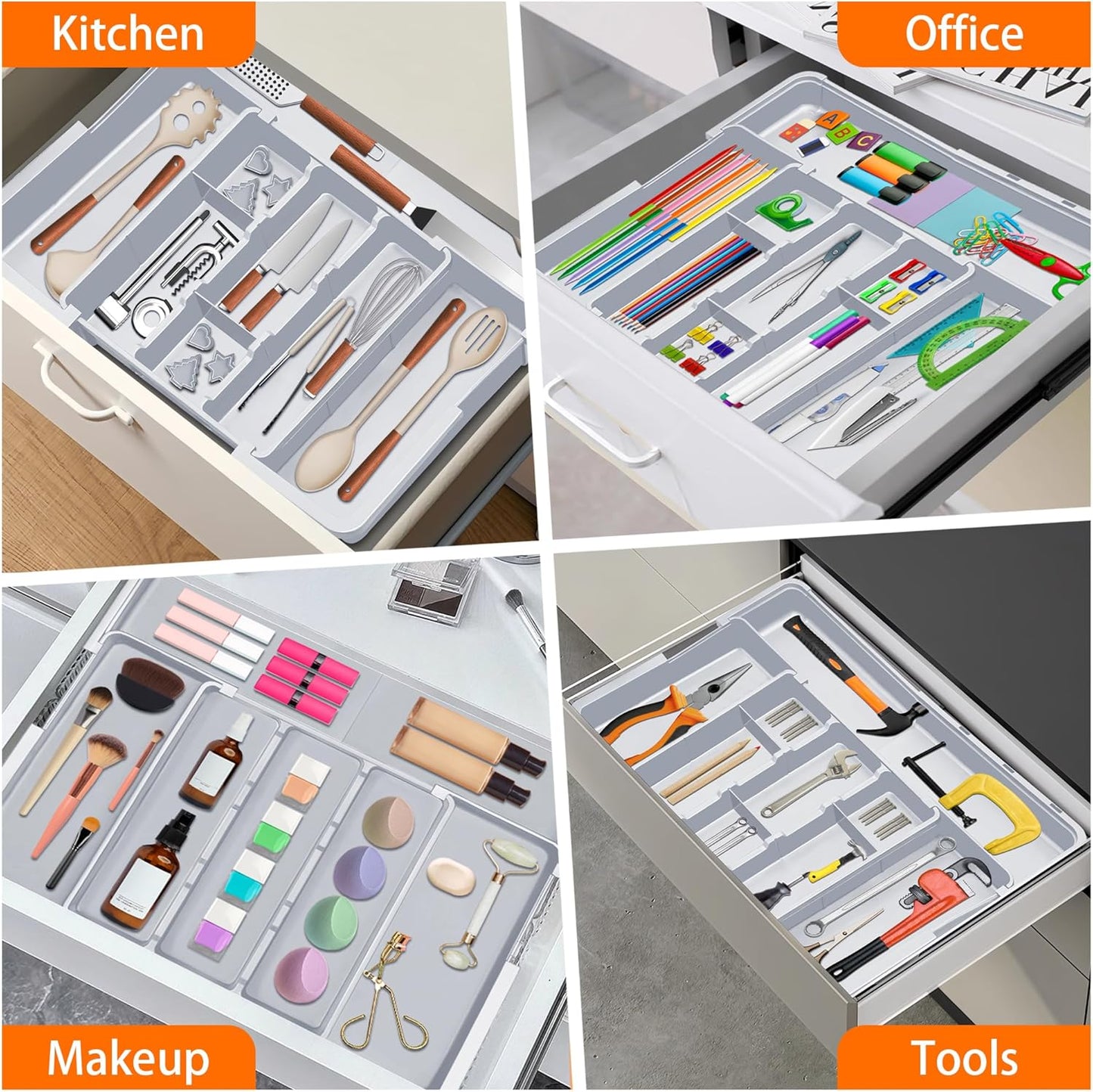 Large Utensil Drawer Organizer Expandable Silverware Organizer for Kitchen Drawer Adjustable Cooking Utensil Holder Cutlery Flatware Tray Spatula Tools Gadgets Storage Dividers Plastic Black
