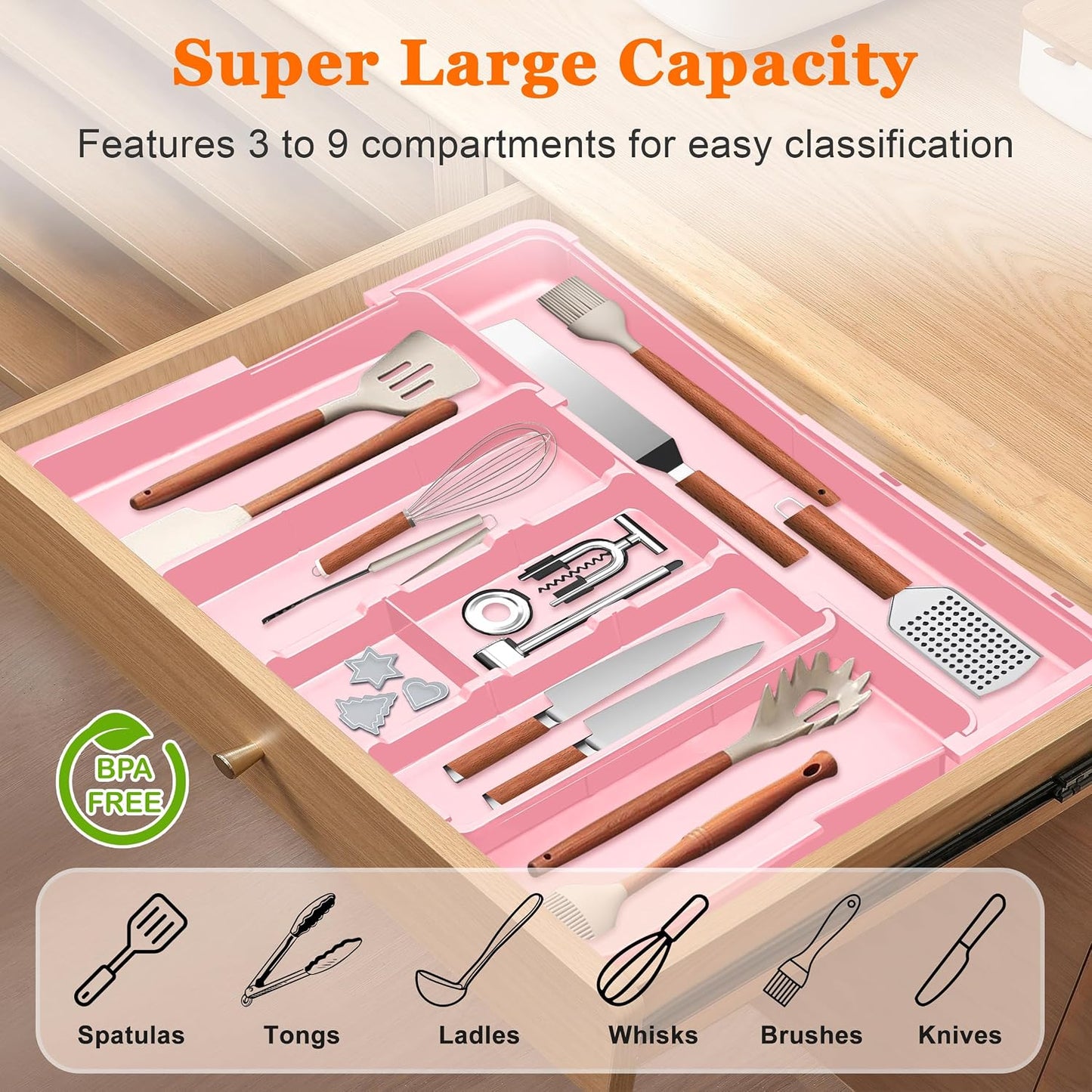 Large Utensil Drawer Organizer Expandable Silverware Organizer for Kitchen Drawer Adjustable Cooking Utensil Holder Cutlery Flatware Tray Spatula Tools Gadgets Storage Dividers Plastic Black