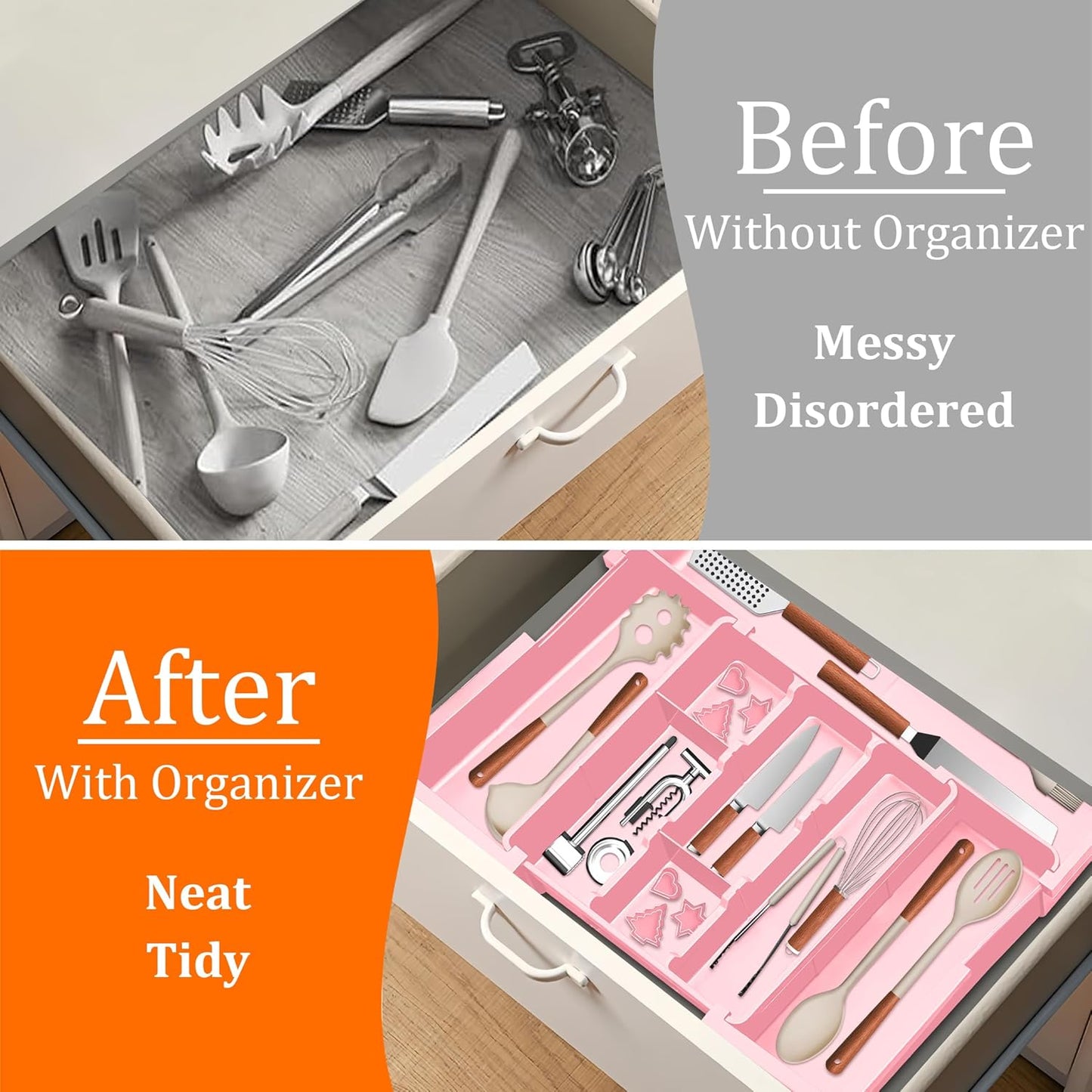 Large Utensil Drawer Organizer Expandable Silverware Organizer for Kitchen Drawer Adjustable Cooking Utensil Holder Cutlery Flatware Tray Spatula Tools Gadgets Storage Dividers Plastic Black