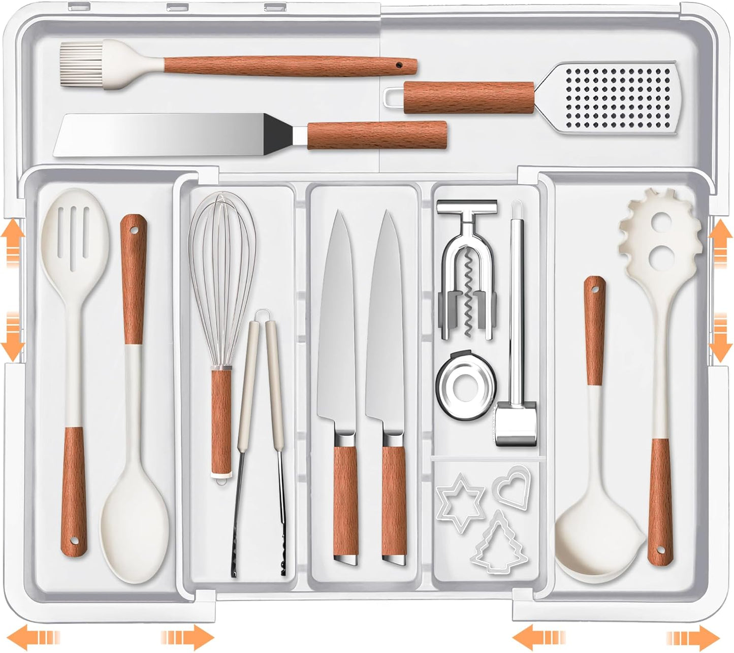 Large Utensil Drawer Organizer Expandable Silverware Organizer for Kitchen Drawer Adjustable Cooking Utensil Holder Cutlery Flatware Tray Spatula Tools Gadgets Storage Dividers Plastic Black