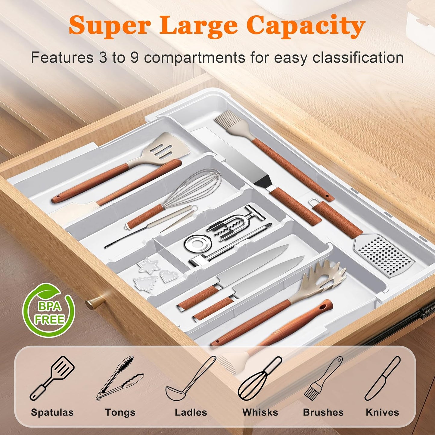 Large Utensil Drawer Organizer Expandable Silverware Organizer for Kitchen Drawer Adjustable Cooking Utensil Holder Cutlery Flatware Tray Spatula Tools Gadgets Storage Dividers Plastic Black