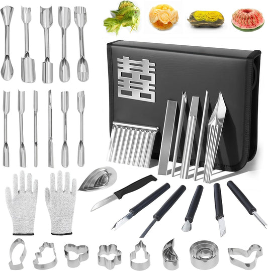 48Pcs Stainless Steel Fruit & Melon Carving Tools Set with Gloves | Watermelon Sculpting Kit, Ergonomic Handles, Portable Case for Fruit Culinary Arts, Sculpting, Peeling