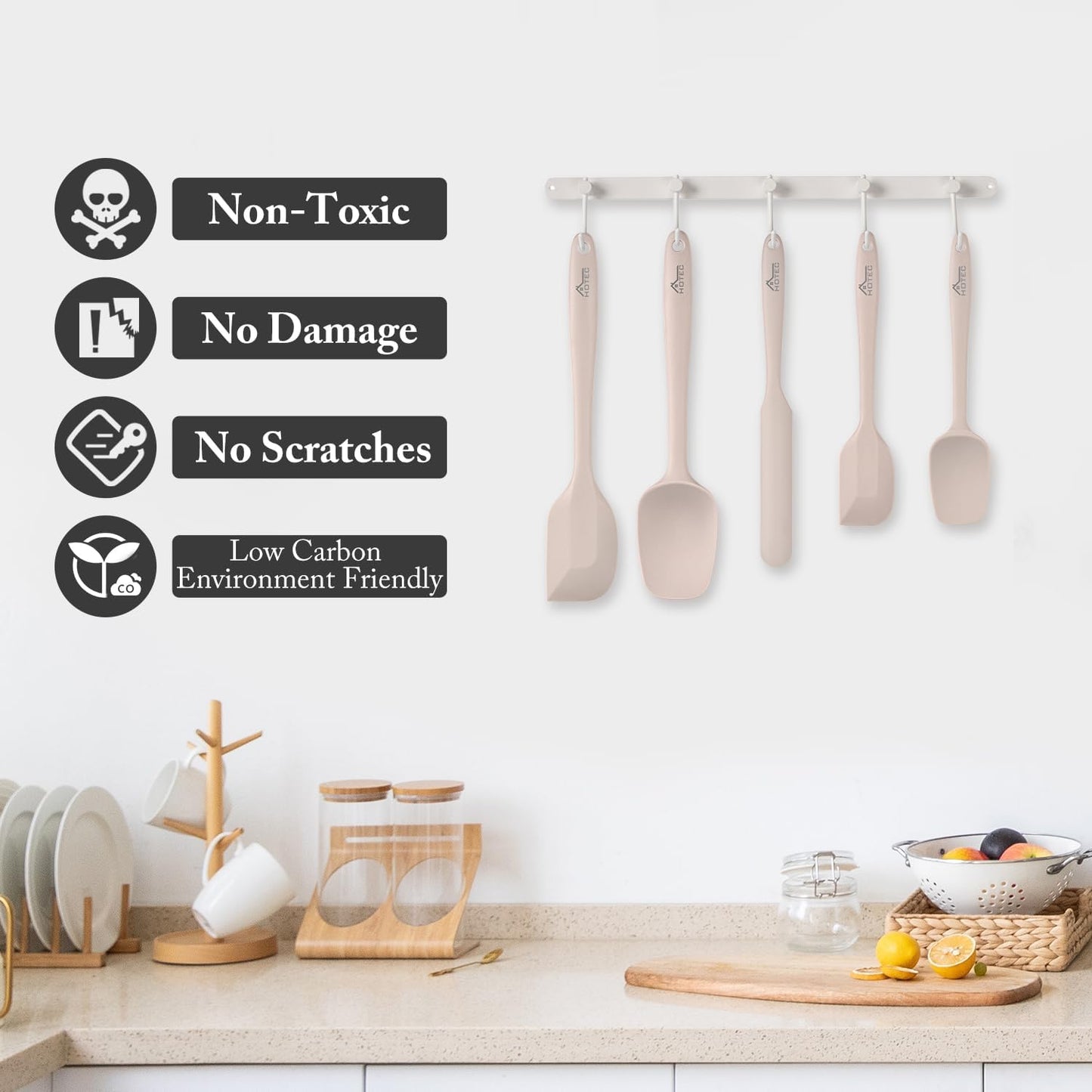600℉ Heat Resistant BPA-Free Silicone Rubber Spatula Set,Kitchen Cooking Spatulas, Baking, Mixing for Non Stick Cookware, Dishwasher Safe, Black Set of 5