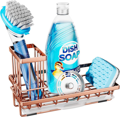 Sponge Holder for Kitchen Sink - Kitchen Sink Caddy Organizer with Removable Drip Tray for Countertop Dish Soap Dispenser Brush Storage Accessories 304 Stainless Steel - Black