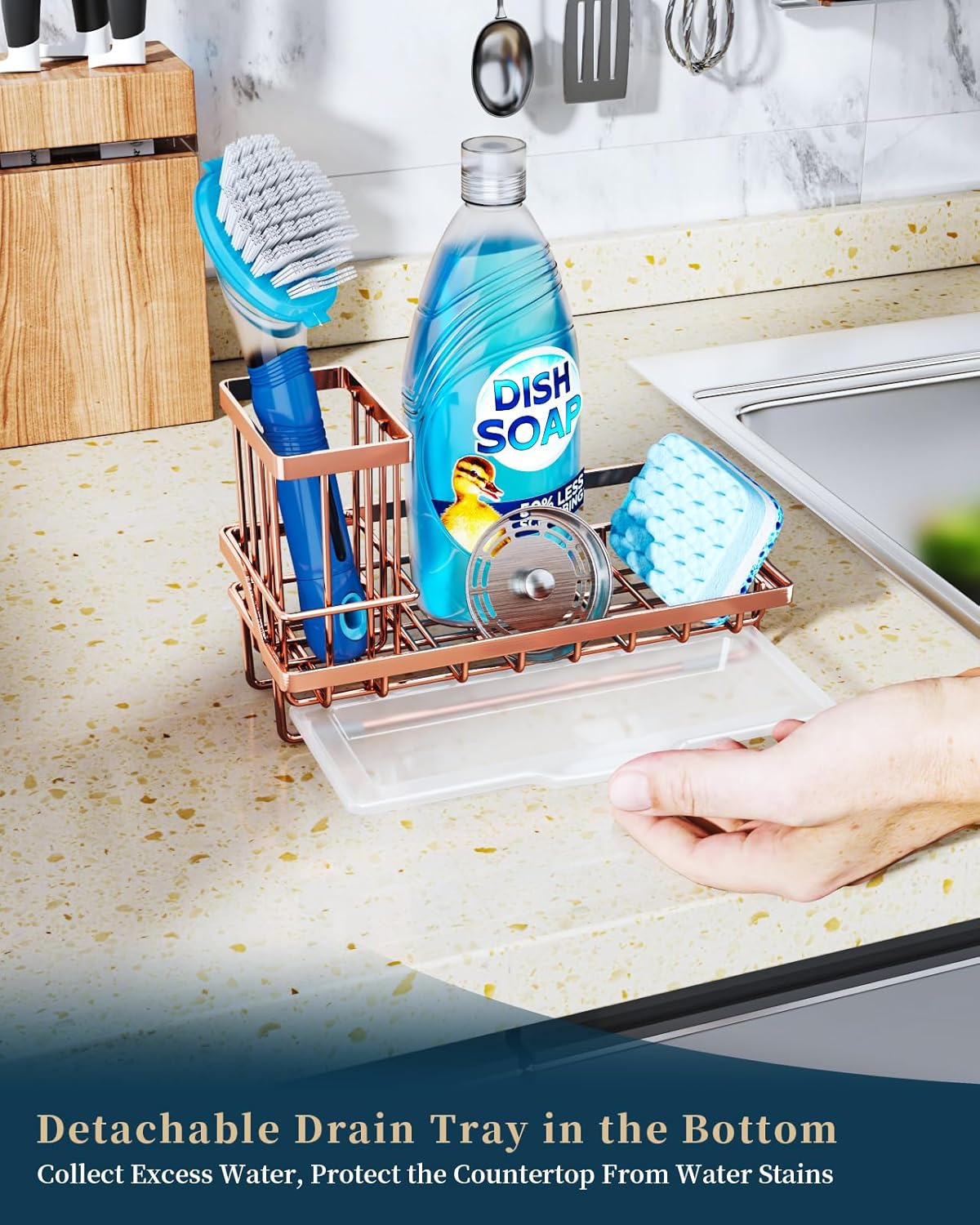 Sponge Holder for Kitchen Sink - Kitchen Sink Caddy Organizer with Removable Drip Tray for Countertop Dish Soap Dispenser Brush Storage Accessories 304 Stainless Steel - Black