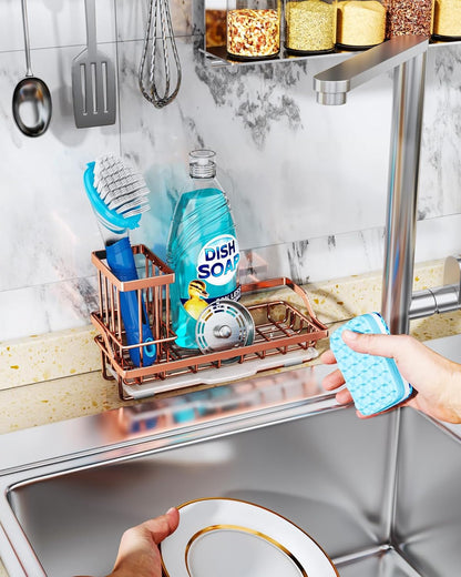 Sponge Holder for Kitchen Sink - Kitchen Sink Caddy Organizer with Removable Drip Tray for Countertop Dish Soap Dispenser Brush Storage Accessories 304 Stainless Steel - Black