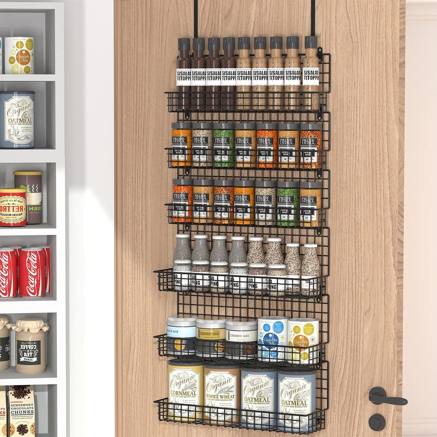6-Tier Spice Rack Organizer with Door Hook, Wall Mounted & Over the Door Spice Racks for Kitchen Pantry Door Cabinet, Two Size, Large Capacity, Black