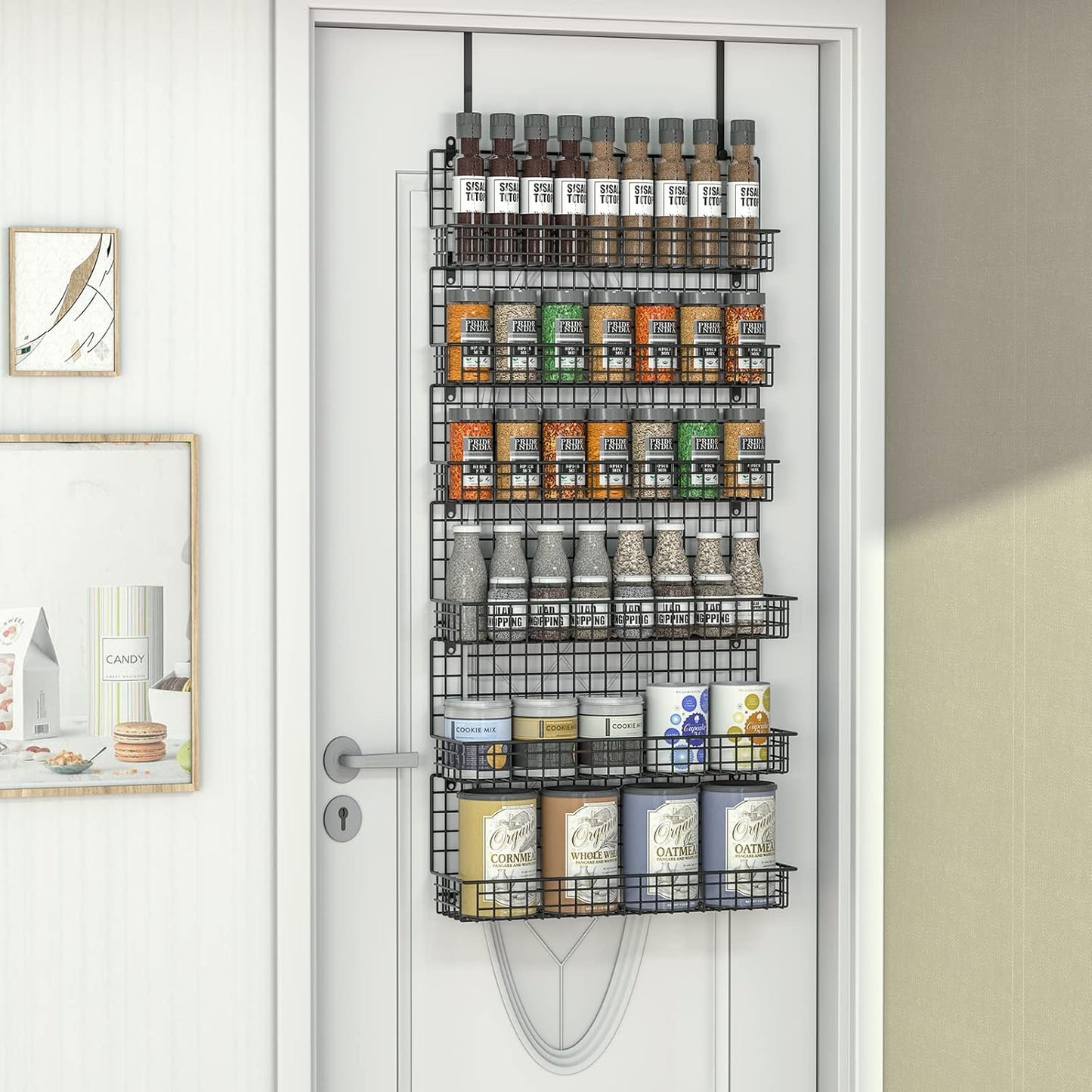 6-Tier Spice Rack Organizer with Door Hook, Wall Mounted & Over the Door Spice Racks for Kitchen Pantry Door Cabinet, Two Size, Large Capacity, Black
