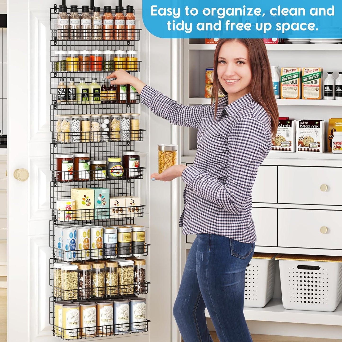 6-Tier Spice Rack Organizer with Door Hook, Wall Mounted & Over the Door Spice Racks for Kitchen Pantry Door Cabinet, Two Size, Large Capacity, Black