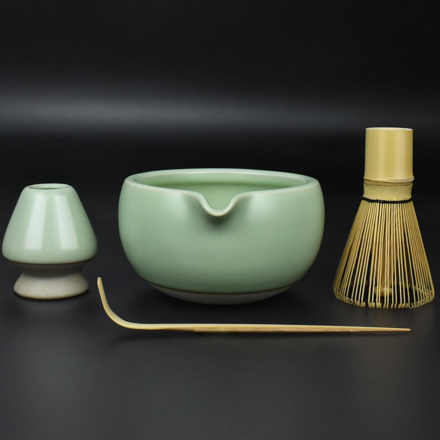 4 Pcs Complete Matcha Ceremony Kit - Japanese Bowl With Pouring Spout, Whisk, Holder, Scoop - Tea Set for Making Usucha, Koicha and Latte (Green)