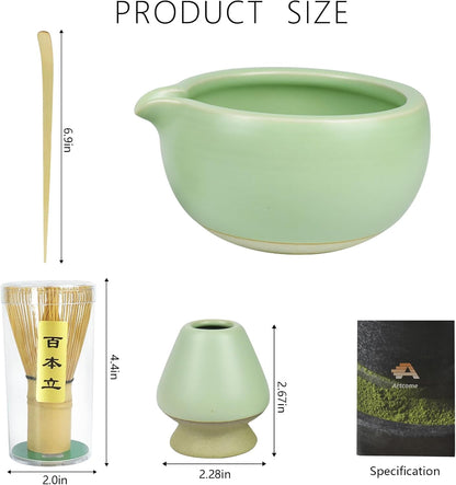 4 Pcs Complete Matcha Ceremony Kit - Japanese Bowl With Pouring Spout, Whisk, Holder, Scoop - Tea Set for Making Usucha, Koicha and Latte (Green)