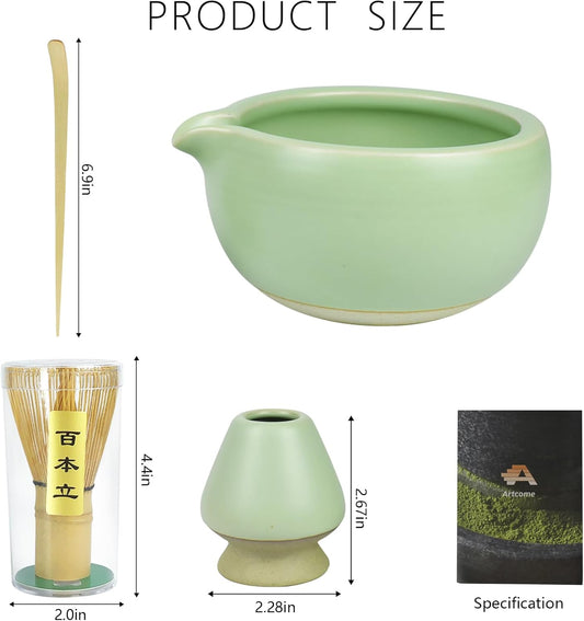 4 Pcs Complete Matcha Ceremony Kit - Japanese Bowl With Pouring Spout, Whisk, Holder, Scoop - Tea Set for Making Usucha, Koicha and Latte (Green)