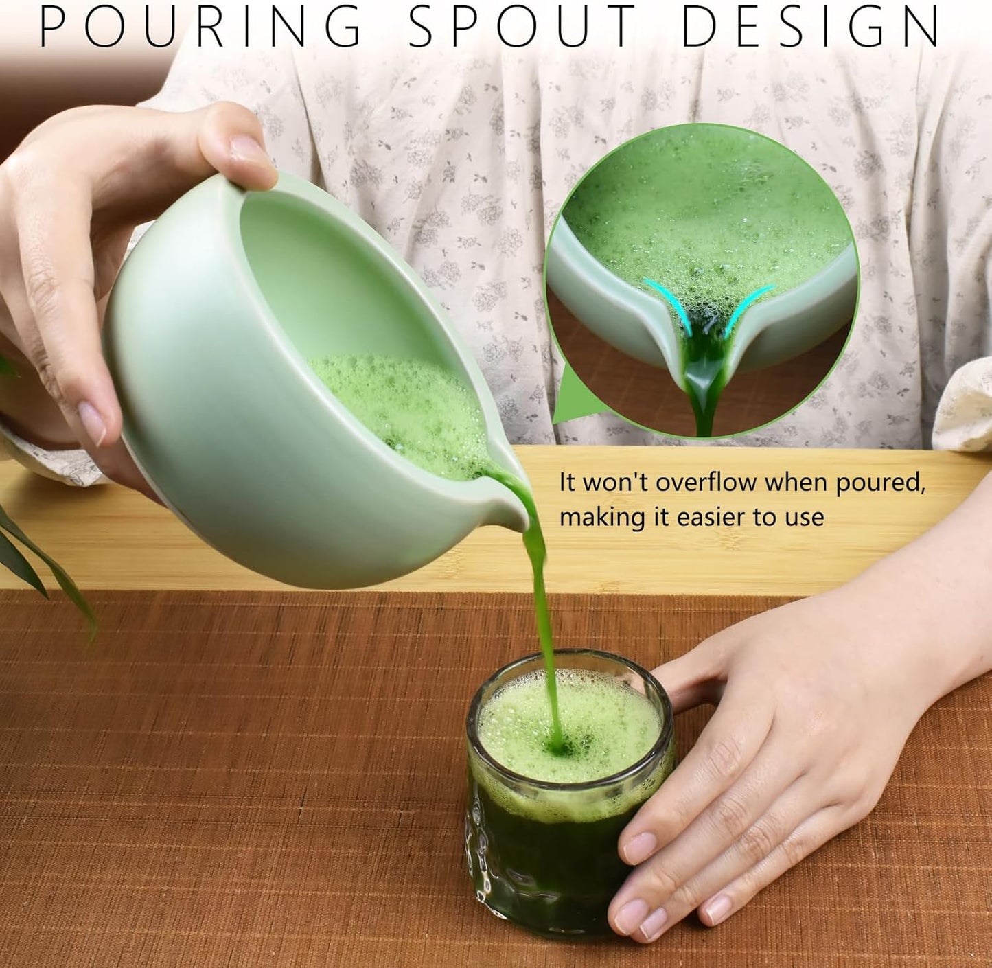 4 Pcs Complete Matcha Ceremony Kit - Japanese Bowl With Pouring Spout, Whisk, Holder, Scoop - Tea Set for Making Usucha, Koicha and Latte (Green)