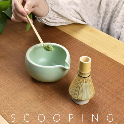 4 Pcs Complete Matcha Ceremony Kit - Japanese Bowl With Pouring Spout, Whisk, Holder, Scoop - Tea Set for Making Usucha, Koicha and Latte (Green)