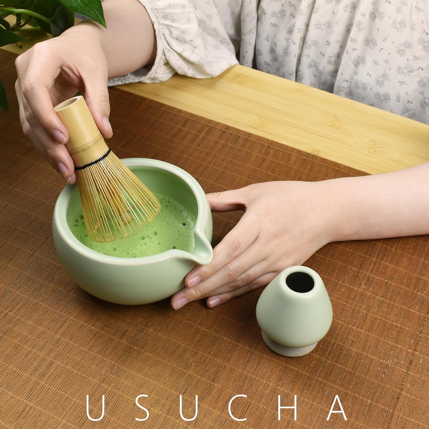 4 Pcs Complete Matcha Ceremony Kit - Japanese Bowl With Pouring Spout, Whisk, Holder, Scoop - Tea Set for Making Usucha, Koicha and Latte (Green)