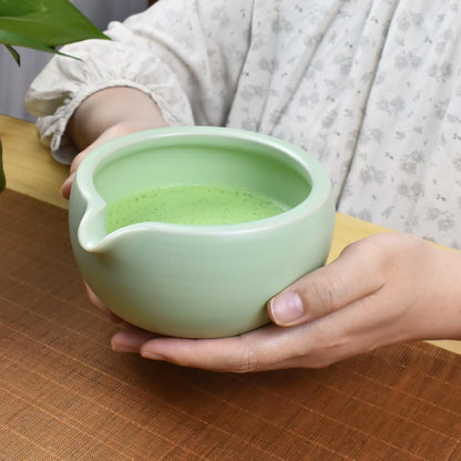 4 Pcs Complete Matcha Ceremony Kit - Japanese Bowl With Pouring Spout, Whisk, Holder, Scoop - Tea Set for Making Usucha, Koicha and Latte (Green)