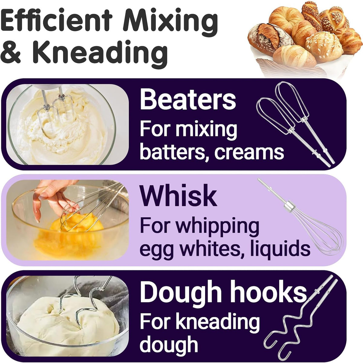 5 PCS Hand Mixer Attachments, Professional Hand Mixer Replacement Beaters, Whisk and Dough Hooks, Replacement Beaters Hand Mixer Compatible with KHM3 KHM5 KHM7 KHM9
