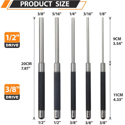 5-Piece Roll Pin Punch Set, 8-Inch Carbon Steel Pin Punch Set | Pin Punch Set with Knurled Grip, Pin Diameter 1/8", 3/16", 1/4", 5/16" and 3/8"